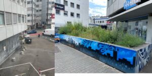 Links eine städtische Straße mit parkenden Fahrzeugen und Personen, rechts ein bepflanztes Hochbeet mit blauer Graffiti-Stadtansicht vor einem Gebäude.