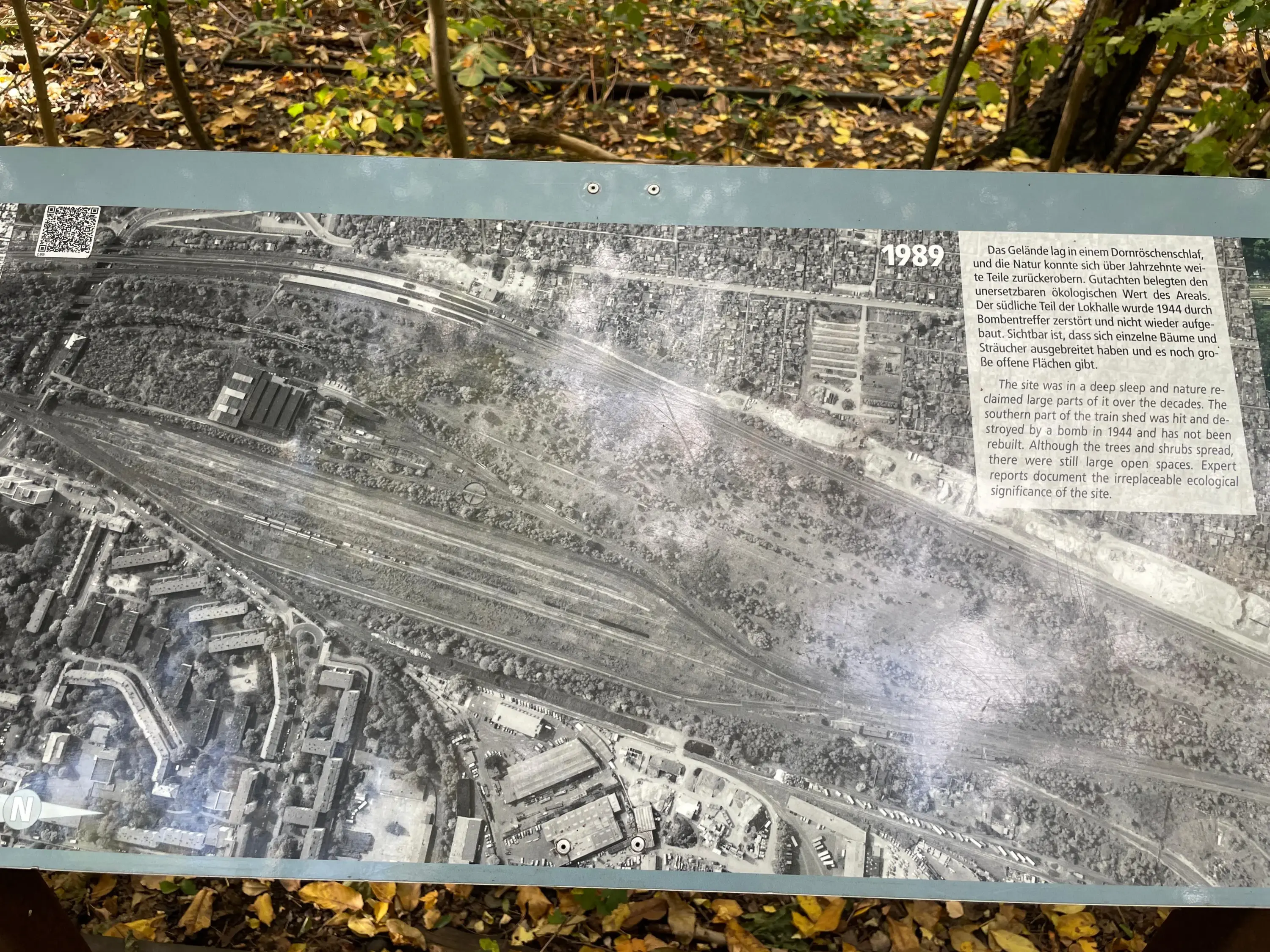 Informationstafel mit einem Luftbild von 1989 zeigt ein größtenteils bewachsenes Gelände mit Bahngleisen und umliegenden Gebäuden in Berlin.
